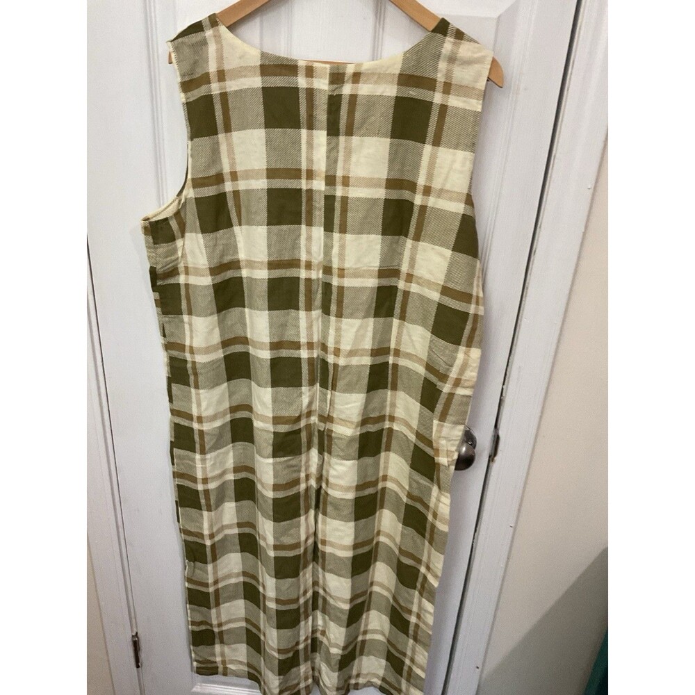 Vintage Handmade Plaid Shift Dress Olive Green Cream Sleeveless Cottagecore